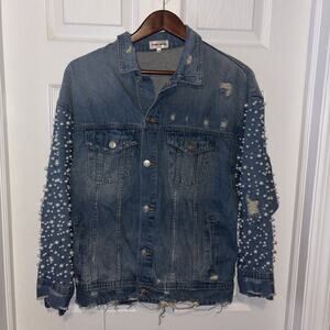 Sunset & Spring Women’s Large Denim Jean Jacket Distressed Pearls Embellishment